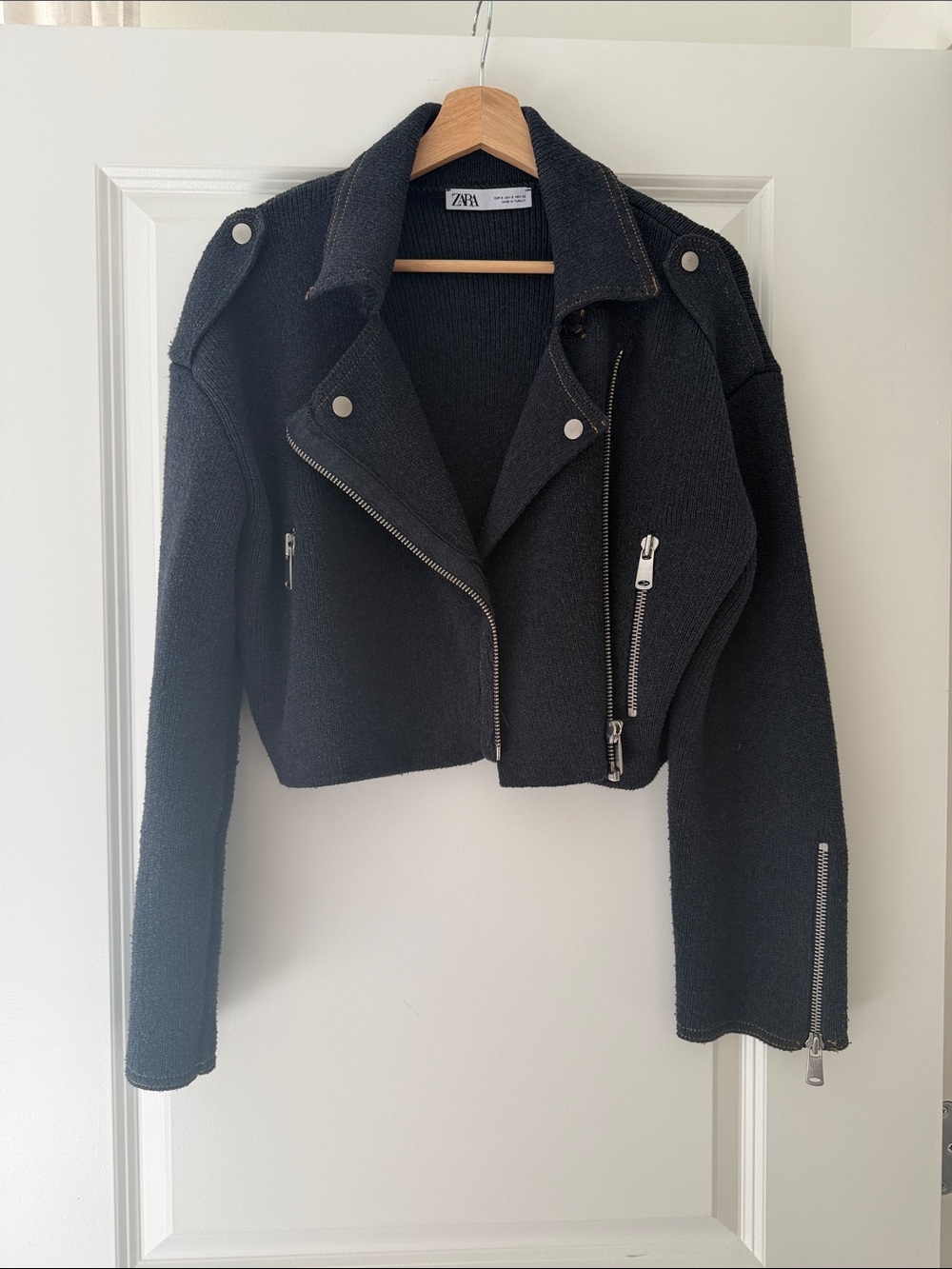 Zara Black Cropped Knit Moto Jacket with Silver Hardware
